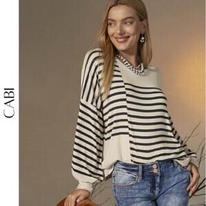 Cabi Box Stripe Tee Cream Black Long Sleeve Top, Large